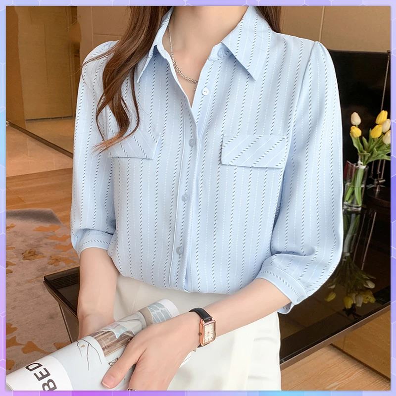 Summer Oversized T-shirt Ladies Chiffon Shirt Short Sleeve Top Striped Women's Tee Shirt  Lace Thin Office Lady Tops Female