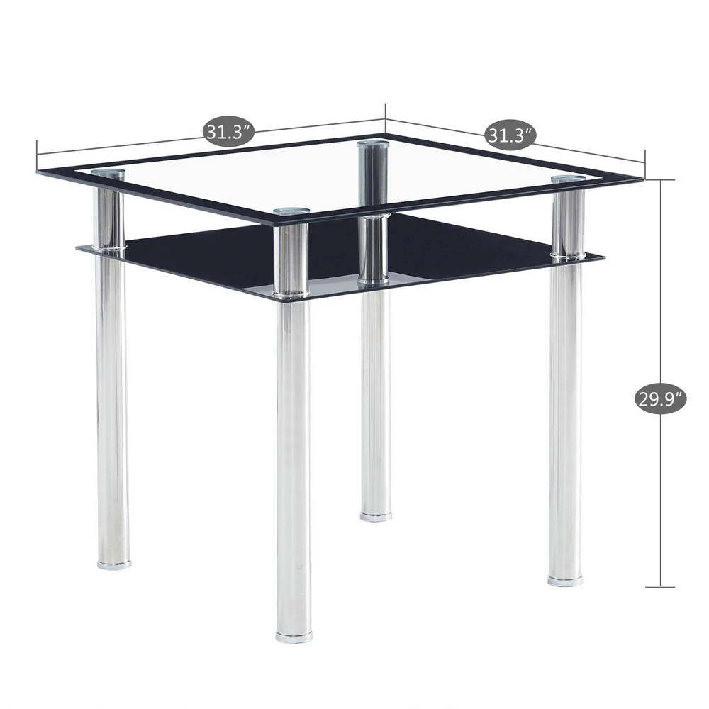 In Stock Double-layer Square Tempered Glass Stainless Steel Cylindrical Leg 80*80*75cm Dining Table US Warehouse