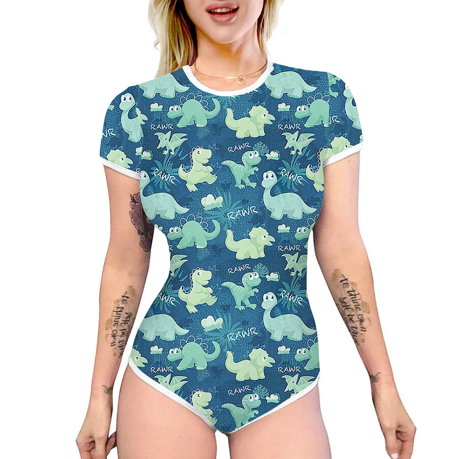 Women Summer Casual Slim Rompers Adults Cartoon Print Short Sleeve Round Neck High Waist Playsuits Home Sleepwear