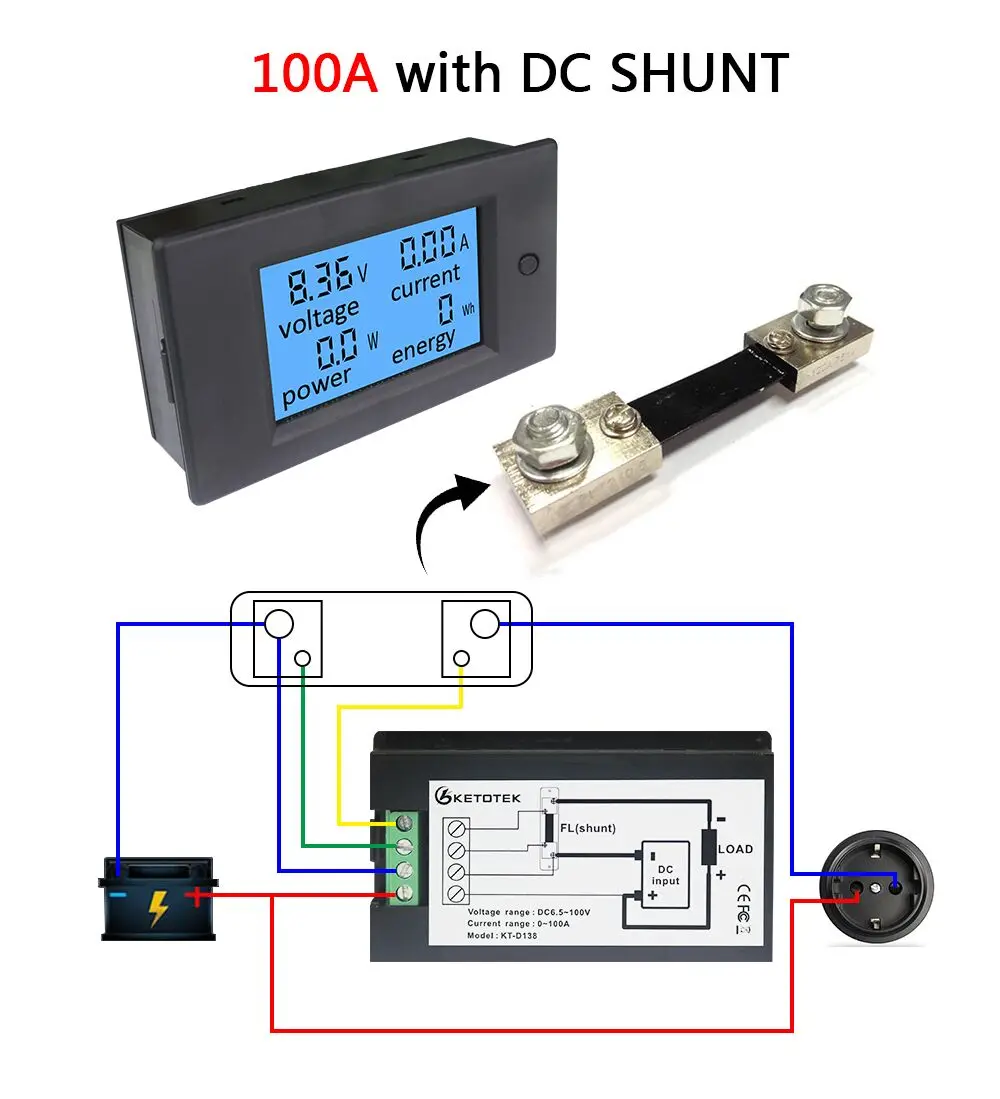 Digital Meter DC 6.5-100V Voltmeter Ammeter 20A/50A/100A 4 IN1 LCD Voltage Current Multifunction Power Energy Meter Tester Shunt