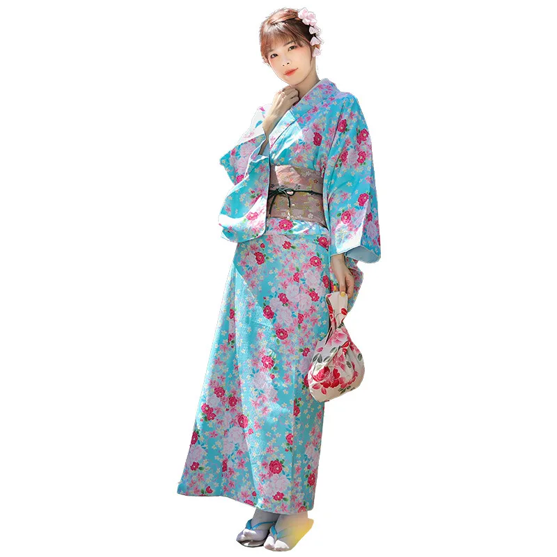 

Traditional Japanese Clothing Long Kimono with Obi Belt for Women Floral Printed Elegant Japan Style Yukata Femme Bathrobe