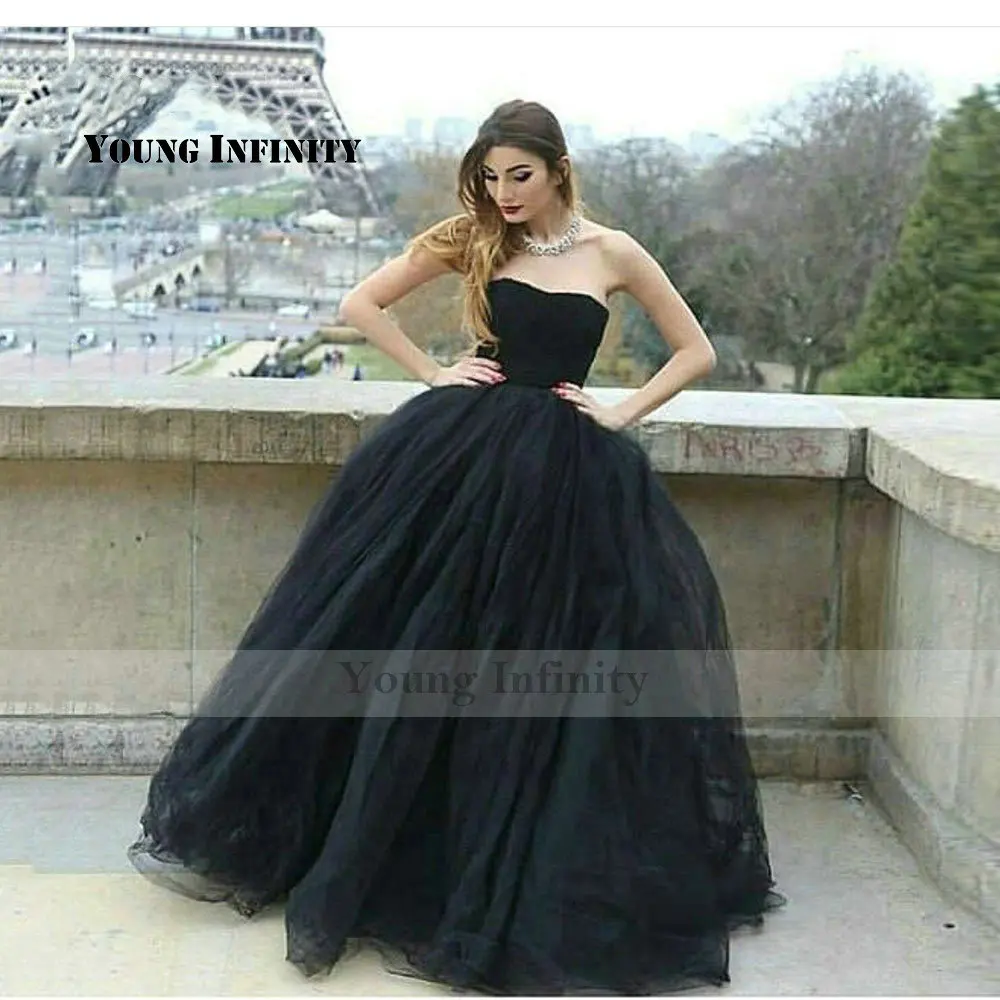 Ball Gown Sexy Strapless Long Black Tulle Prom Dress 2024 Sweet 16 Dress Elegant Off Shoulder A Line Formal Evening Party Gown