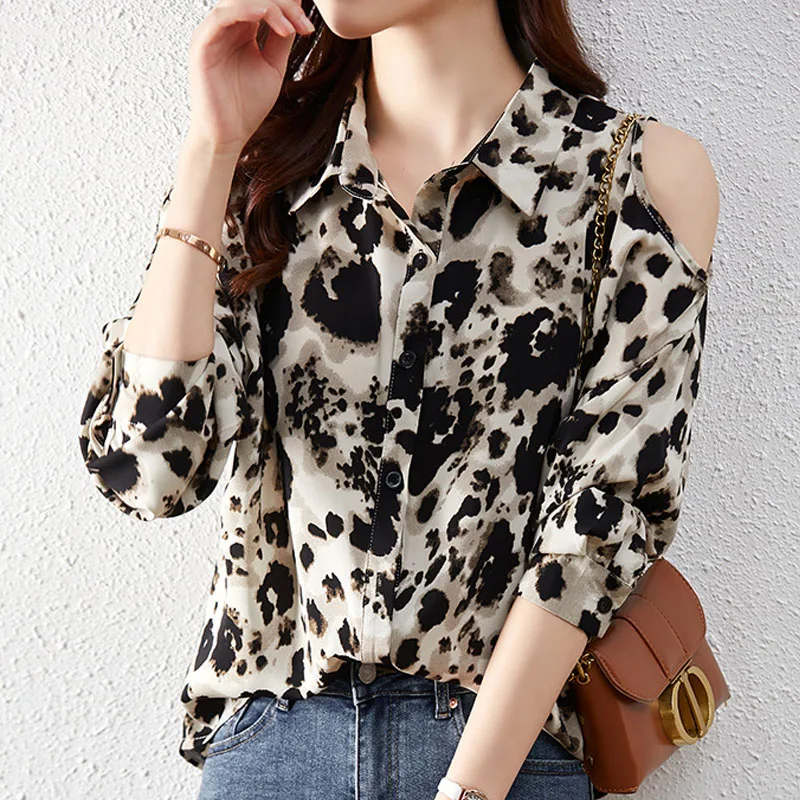 

New Korean Fashion Clothing Long-sleeved Chiffon Shirt Loose Shirt Elegantes Sexy Leopard Spliced Button Blusas Femme Tops 2669