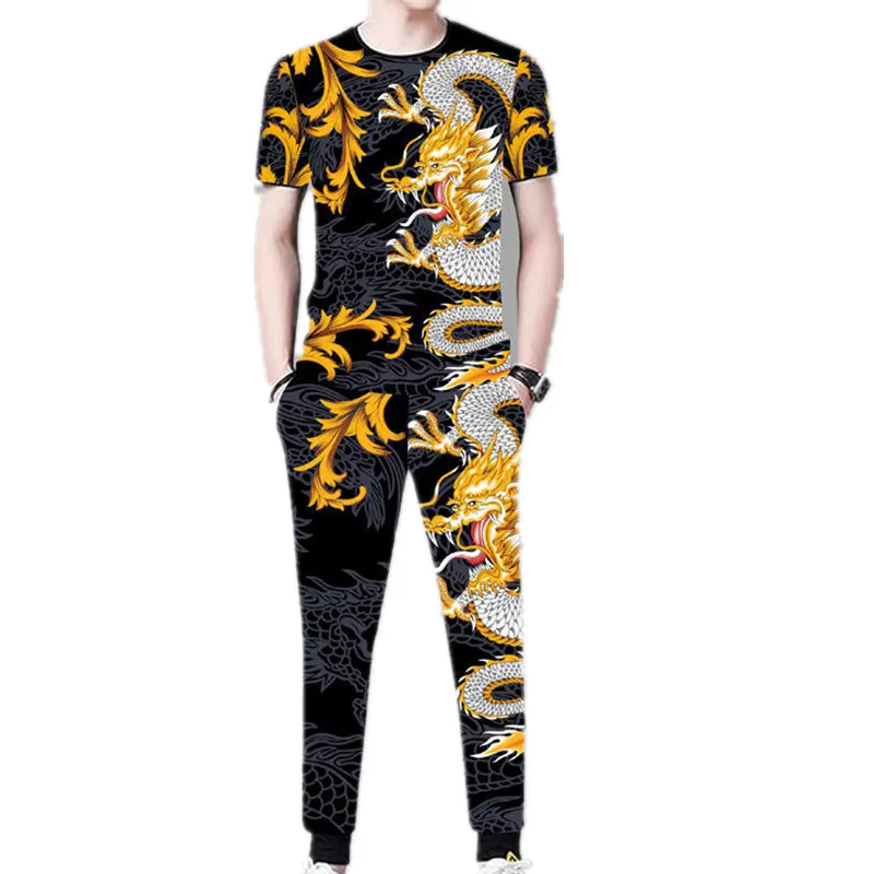 Men's daily casual suit 3D dragon print summer short-sleeved T-shirt + elastic band trousers 2-piece fashion street men's suit