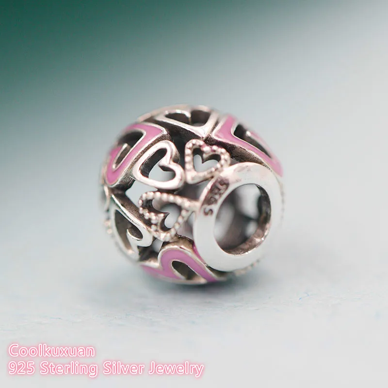 100% 925 prata esterlina rosa openwork livre coração encantos contas se encaixa original pandora pulseiras jóias fazendo