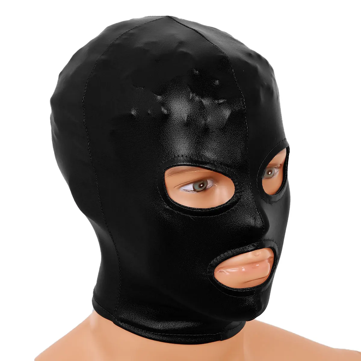 Men Women Shiny Metallic Latex Full Face Mask Hood Balaclava Open Mouth Hole Headgear Fancy Halloween Party Club Cosplay Costume