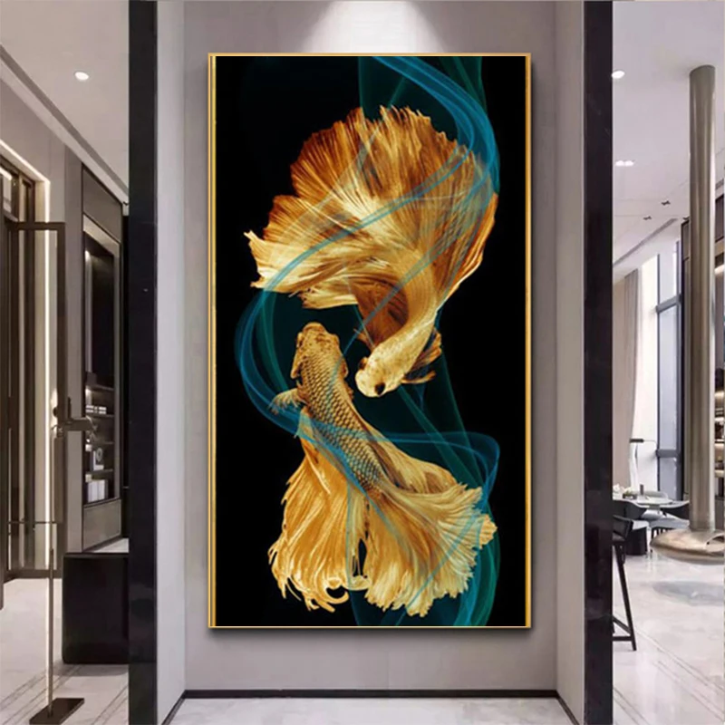 Koi Fish Feng Shui Carp Lotus Pond Abstract Canvas Painting Poster and Print Wall Art Picture for Living Room Home Decor Cuadros