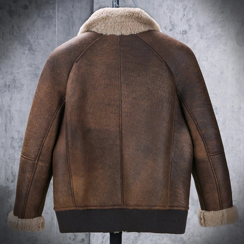 New Shearling Coat Mens B3 Bomber Jacket Thicken Fur Coat Brown Leather Jacket Short Mens Winter Coats