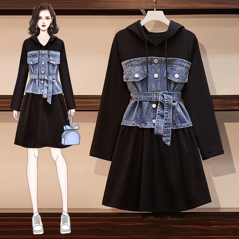 Sleeve Long Hooded Denim Dress Slim Fit Elegant Knee-Length Patchwork Woman Sashes Single Buttons Spring Jeans Vintage Dresses