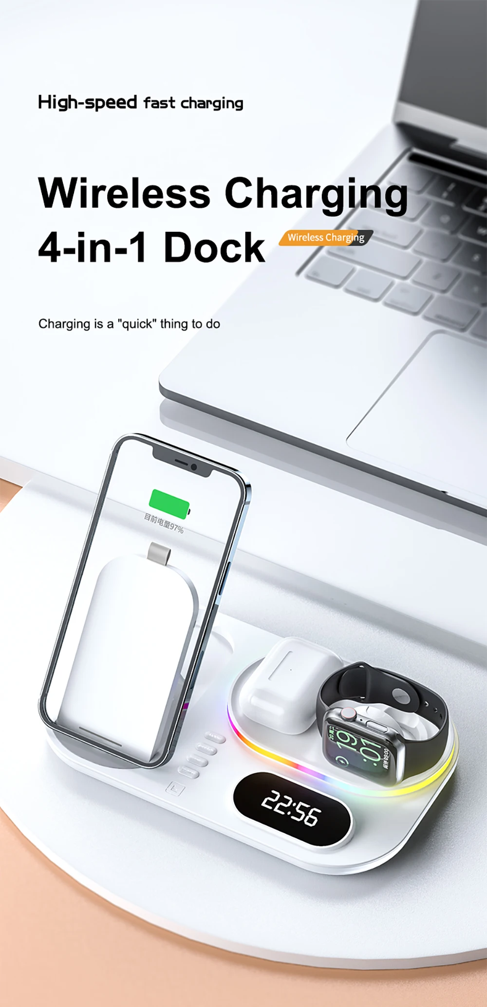 Kabelloses Ladegerät 4-in-1 Schnelle Kabellose Ladestation für iPhone 15 16 17 Pro Max Apple Watch Kabelloses Ladegerät mit Lampe und Uhr – Detail 2