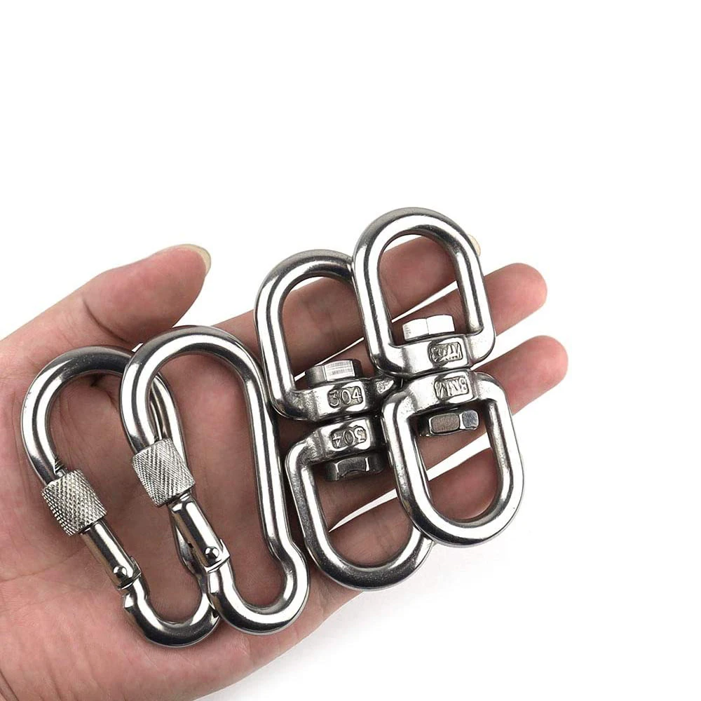 2PCS M8 304 Stainless Swivel Ring Double Ended Swivel Eye Hook 2Pcs M8 Carabiner for Marine Mooring Hanging Rotating Device