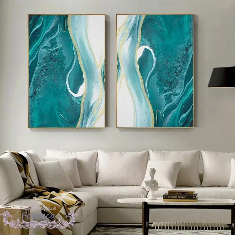 Abstract Blue Marble Sea Wave Canvas Poster Wall Art Nordic Prints Painting Aesthetic Pictures for Living Room Modern Decorture