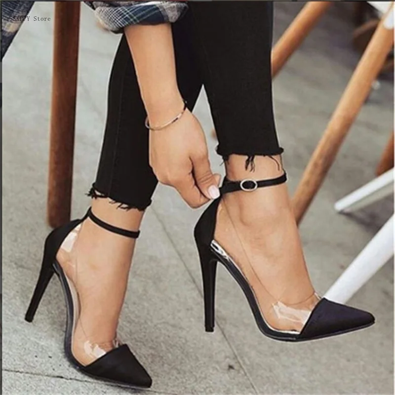 Women's Belt Buckle Fashion Shoes 2021 Foreign Trade New Transparent High Heels Pointed Toe Color Matching Shoes Clear Heels