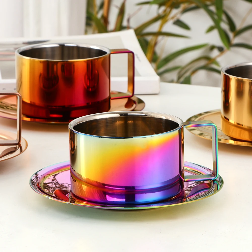 200ml Gold Coffee Cup Saucers Set stainless steel Mug Tea Cup with tray Metal water Milk cups Cafe Party Drinkware Kitchen tools