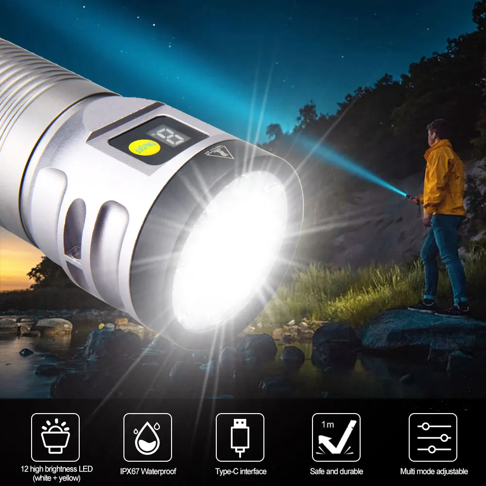 

Powerful 12LED Flashlight Waterproof IPX67 Searchlight White&Yellow Wide Range Lantern Type-C Charging Lamp Build in Battery