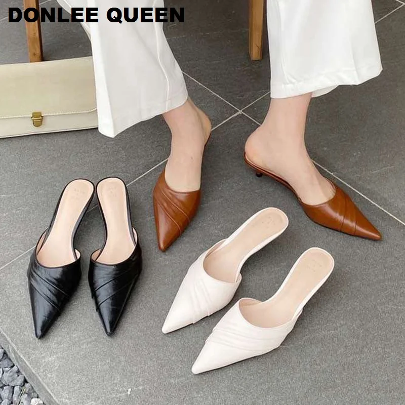 Brand Slippers Women Pointed Toe Slides Women Low Heel Mules Thin Heel Slippers Outdoor Flip Flops  Pleated Shoes Female Sandals