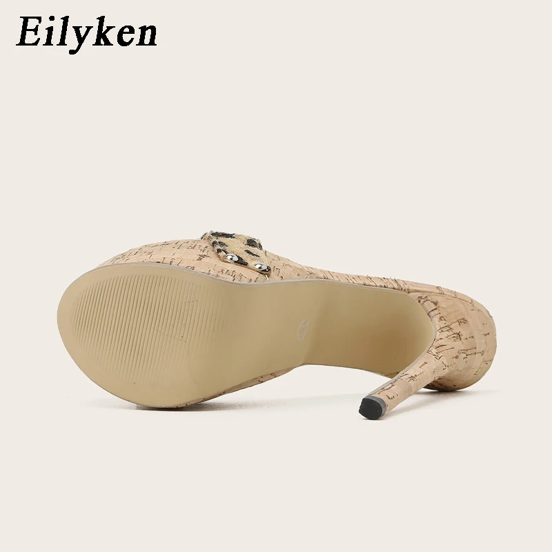 Eilyken 2024 New Summer Leopard Slippers Ladies Fashion Peep Toe Slip On Platform Sandals Mules High Heels 17CM Shoes Size 35-42