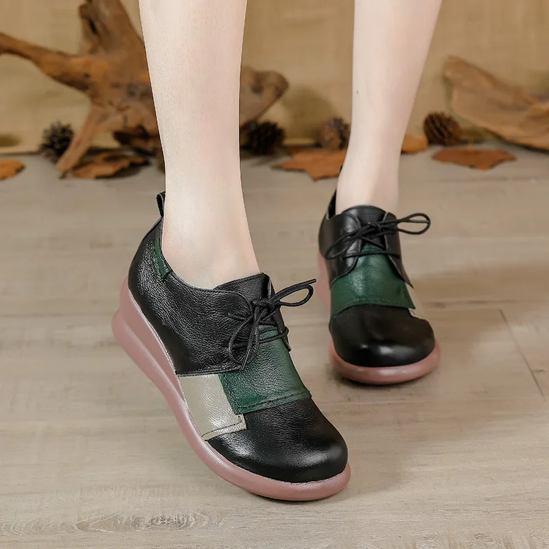 Glglgege New Summer Shoes Women Splicing Retro Genuine Leather Women Wedges Platform Sandals Round Toe Sandals 2021