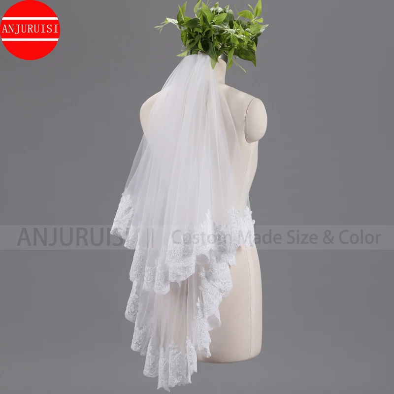 ANJURUISI Pretty Bridal Velo Lace Edge Two Layer Wedding Veil 2020 White Tulle veu de noiva Wedding Accessories With Metal Comb