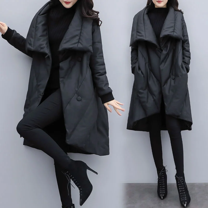 2024 Winter New Women Loose Fashion Mid-length Down Padded Cotton Jacket Female Black Slimming Cloak Jacket Buttons Thickeing