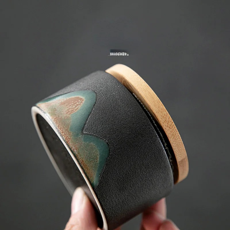 Cylindrical Mini Ceramic Tea Caddy with Wooden Lid Retro Household Sealed Bottle Box Candy Jar Jewelry Box Gift Jar Home Decor