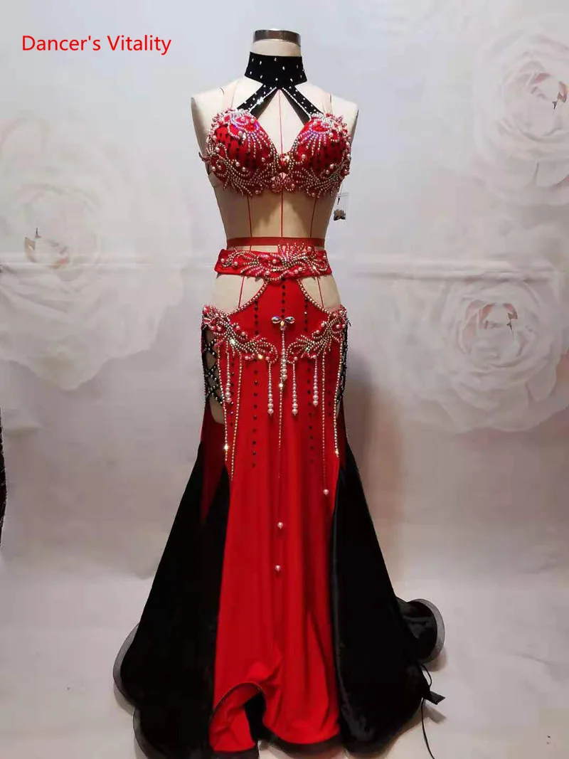 Belly Dance Set Diamond-Studded Bra High Waist Long Skirt Performance Suit Profession Custom Adult Child  Competition Clothing