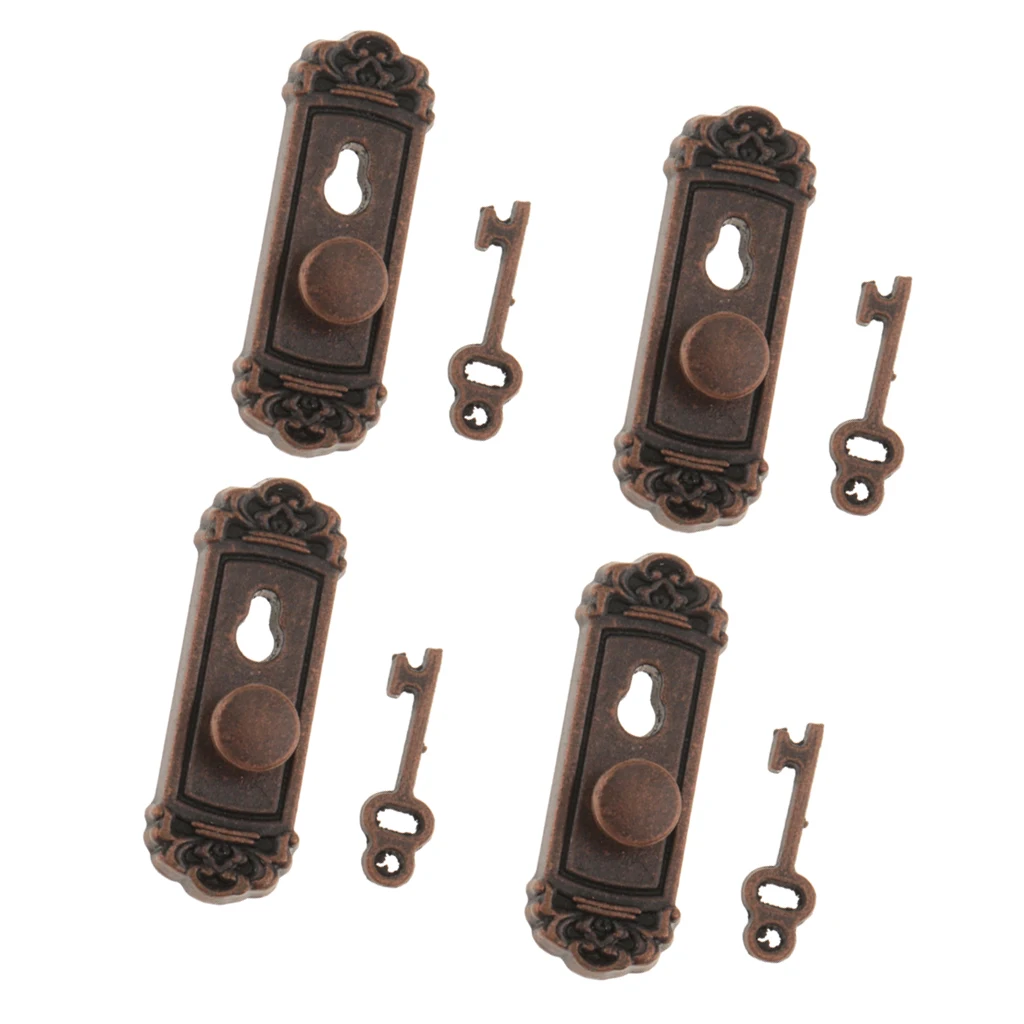 4 Pairs Dollhouse Miniature Bronze Vintage Door Knob Handle W/ Keys Kits