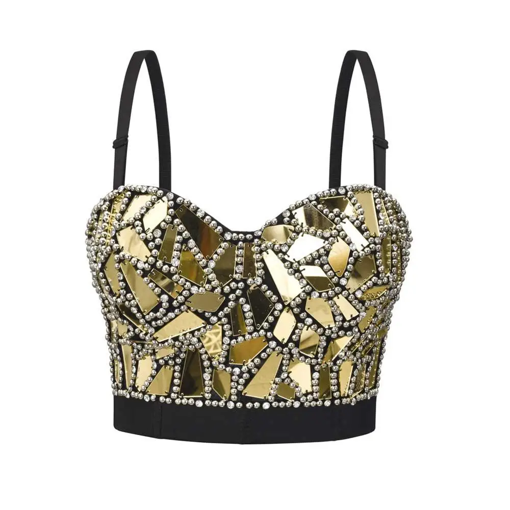 

Gold Mirror Diamonds & Beading Rave Rock Gothic Women Brassiere Push Up Bra Sexy Bralette Top Belly Dance Night Club Party Wear