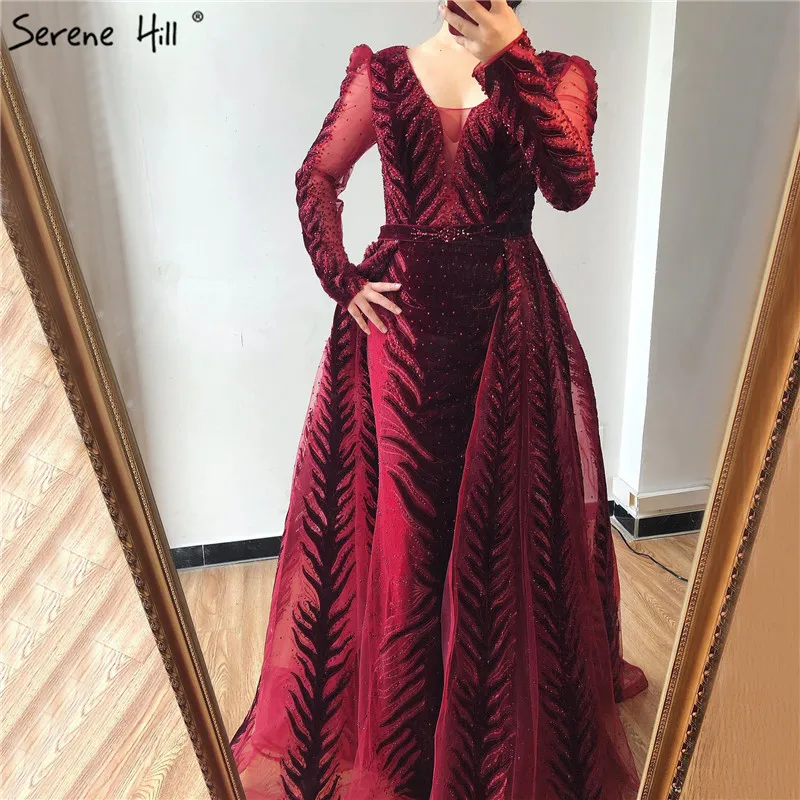 Velvet Muslim Wine Red Evening Dresses Long   Design Beading Formal 2024  Serene Hill Plus Size LA60903 Customized