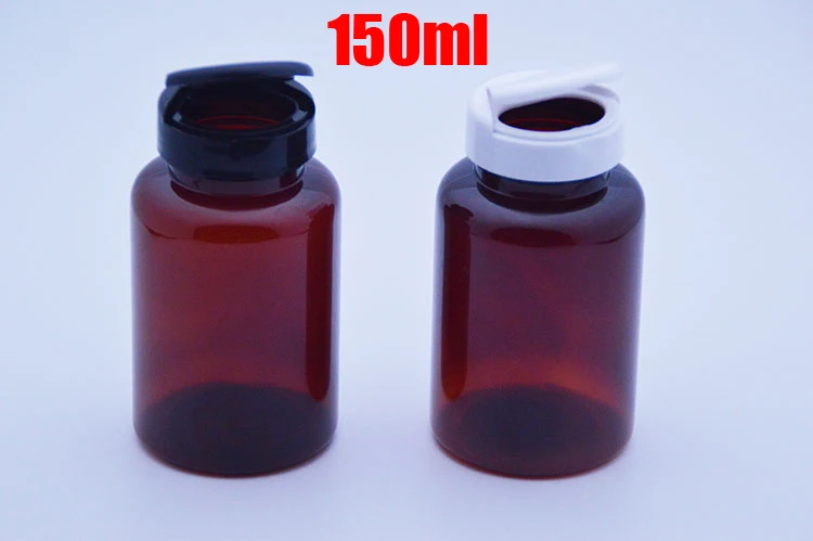 

100pcs 150ml Amber Color PET Plastic Bottles, Capsules Bottles, Powder Storages, Pills Containers With Black & White Flip Lids