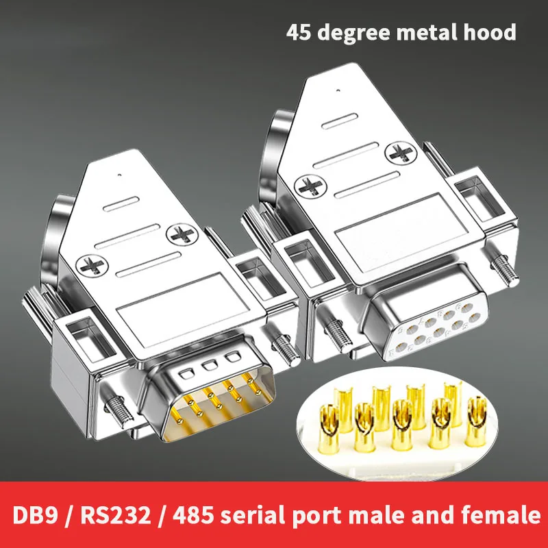 Conector de serie de cabeza hembra de 9 pines, 45 grados, carcasa de metal com, conector RS232, enchufe 485, ángulo cónico