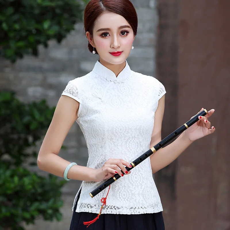 SHENG COCO Ladies White Lace Blouse Qipao Tops Chinese Style Vintage Clothing Blouse Women Wear Tangzhuang Clothes Haut Chinois