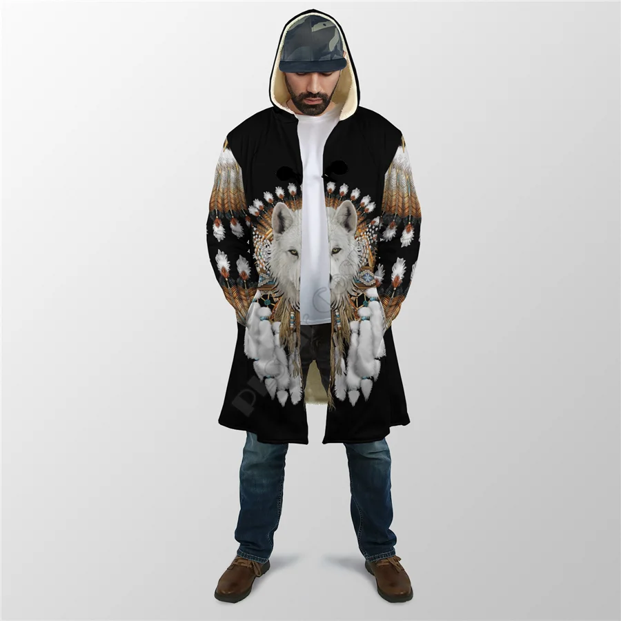 Winter Mannen Voor Vrouwen Capuchon Mantel Inheemse Wolf 3d Overal Geprinte Fleece Windbreker Warme Capuchon Mantel