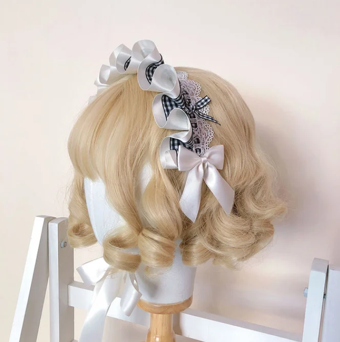 Fantasia de lolita fofa com orelhas de coelho, acessório para cosplay de animes fofos, laço de orelhas de coelho, preto e branco, treliça kawaii, para meninas