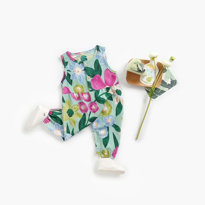 Zomer Meisjes Kleding Bloemen Katoenen Mouwloze Rompertjes