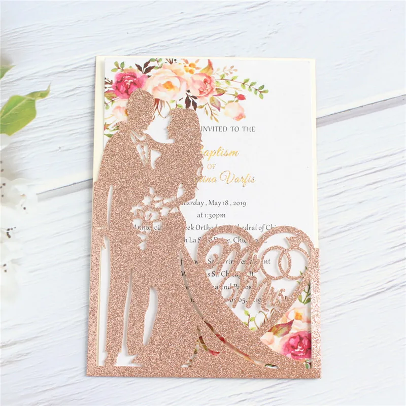 Rose gold wedding invitations marriage anniversary wedding card holder bride groom laser cutting personalized printing 50pcs/lot