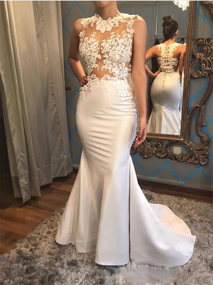 Elegant White Satin Mermaid See Through Prom Dress Kant Applicaties Mouwloze Avondjurken vestidos de noivas sexy