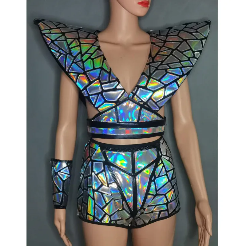 Silver Laser Mirror Armor High Waist Shorts Outfit Future Technology Dance Costume Bar DJ Singer Lead Dancer Group Stage Wear