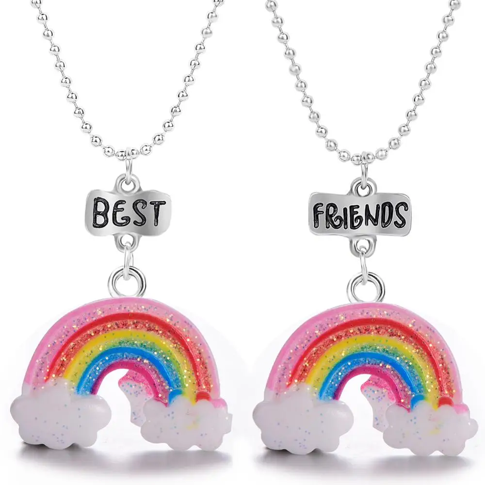 Kids Fashion 2 Pieces/Set Of Rainbow Pendant Necklace Stitching Best Friend Style Necklace BFF Silver Color Chain Good Friend's