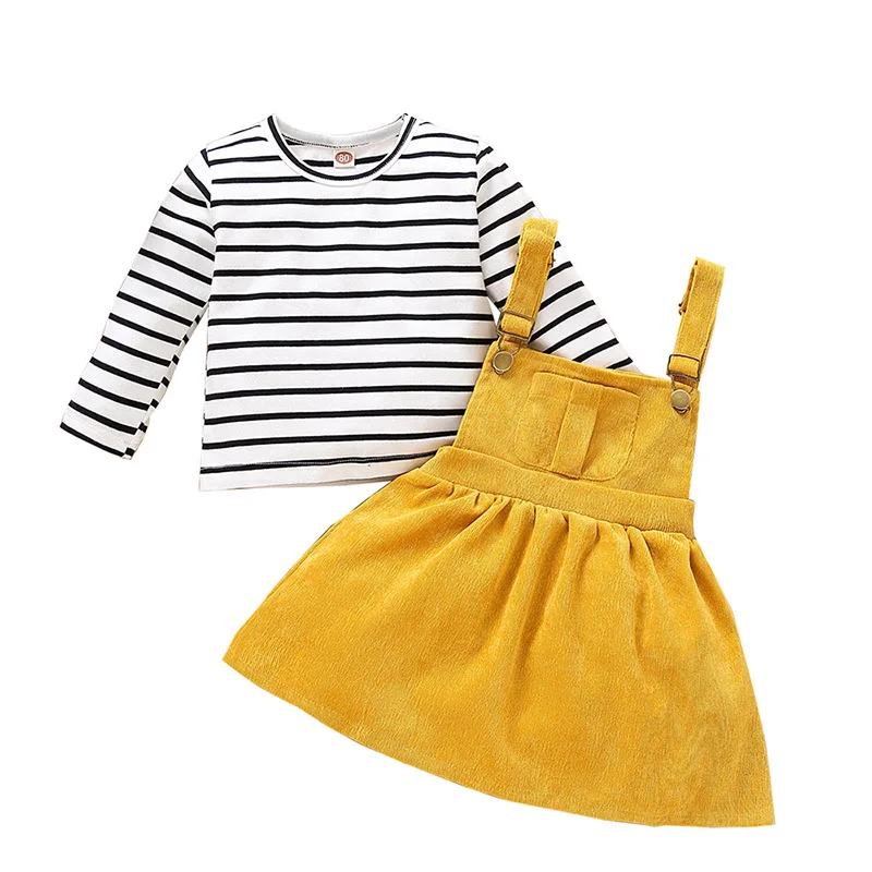 

Casual Corduroy Strap Clothes Sets for Little Girls Long Sleeve Cotton Stripe Tops Blouse+Overalls Baby Girls Rural Clothing 2T