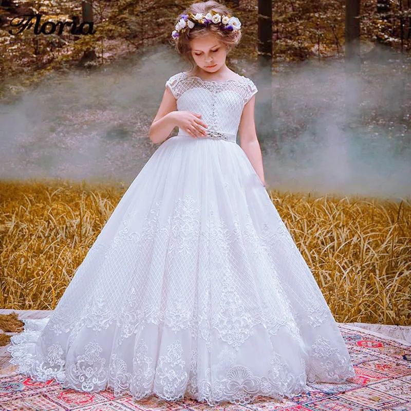 ดอกไม้สาวชุดลูกไม้สีขาว Applique ลูกปัดแขนยาว Elegant วันเกิดสาว Holy Communion ชุด