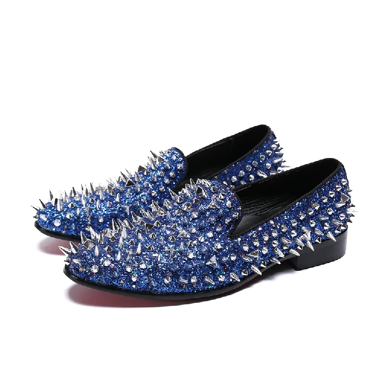 Men's Silver Glitter Spiked Loafers Genuine Leather For Man Pointed Toe Studded Dress Shoes Punk Rock Party Prom Shoes
