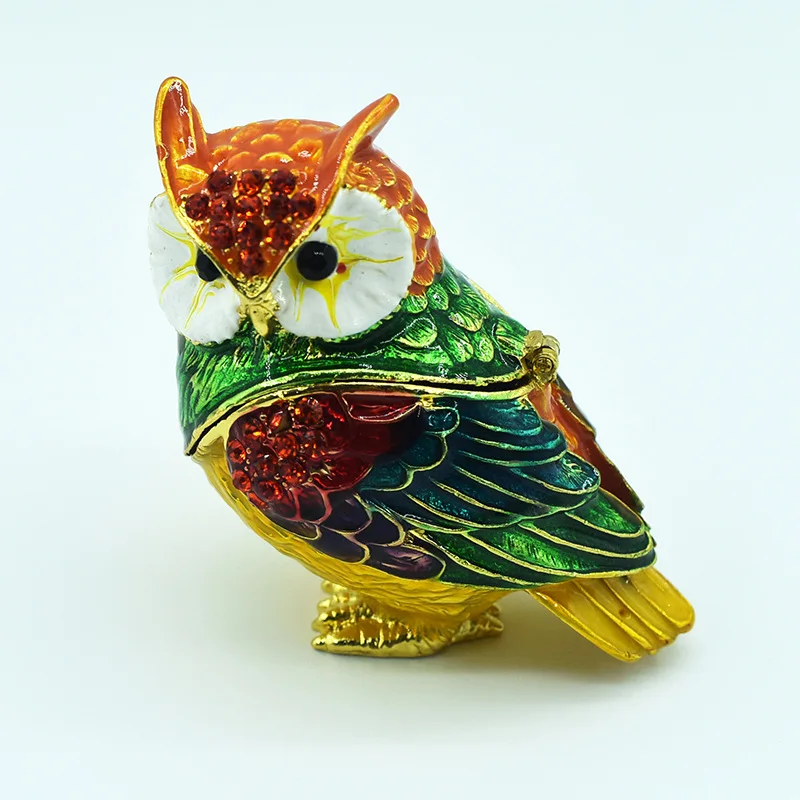 Handmade Enamel Owl Bird Colored Drawing Jewel Case Ring Storage Box Metal Handicraft Home Furnishing Articles