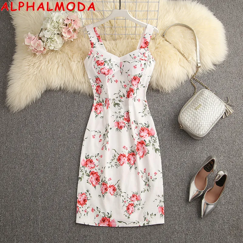 ALPHALMODA Mùa Hè 2021 Mới Đến Hệ Thực Vật In Nữ Thanh Lịch Hợp Thời Trang Đầm Slim Fit Cotton Co Giãn Trên Đầu Gối Thời Trang