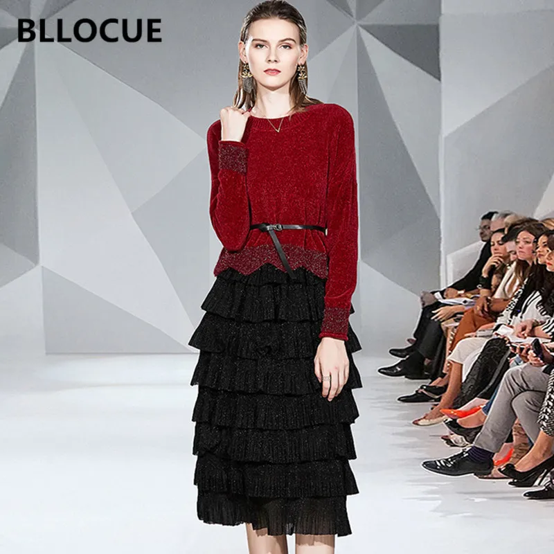 

BLLOCUE 2020 New Spring OL Work Wear 2 Pieces Set Women Long Sleeve Pullover Sweater Tops + Cake Pleated Skirt Suit With Belt