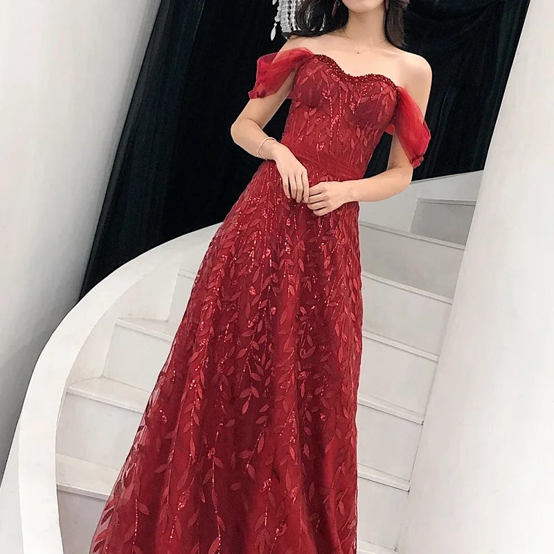 Elegant Off Shoulder Formal Party Dress Oriental Style Bride Toast Clothes Long A Line Chinese Evening Gowns Robe De Soiree