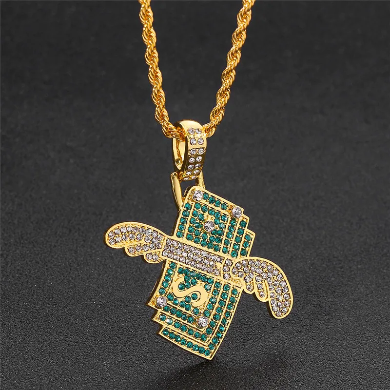 Hip Hop Green CZ Cubic Zirconia Pave Bling Ice Out Flying Dollar Money Pendants Necklace for Men Rapper Jewelry Drop Shipping