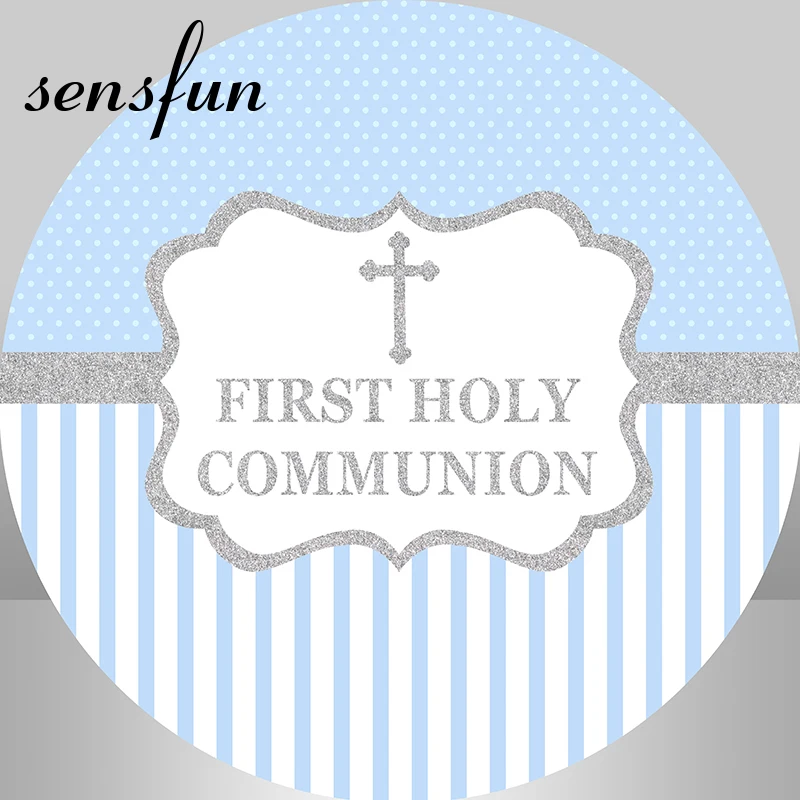 Sensfun Baby Blue Striped First Holy Commuion Round Backdrop Cover Cross Boys Baby Shower Newborn Circle Background Elastic