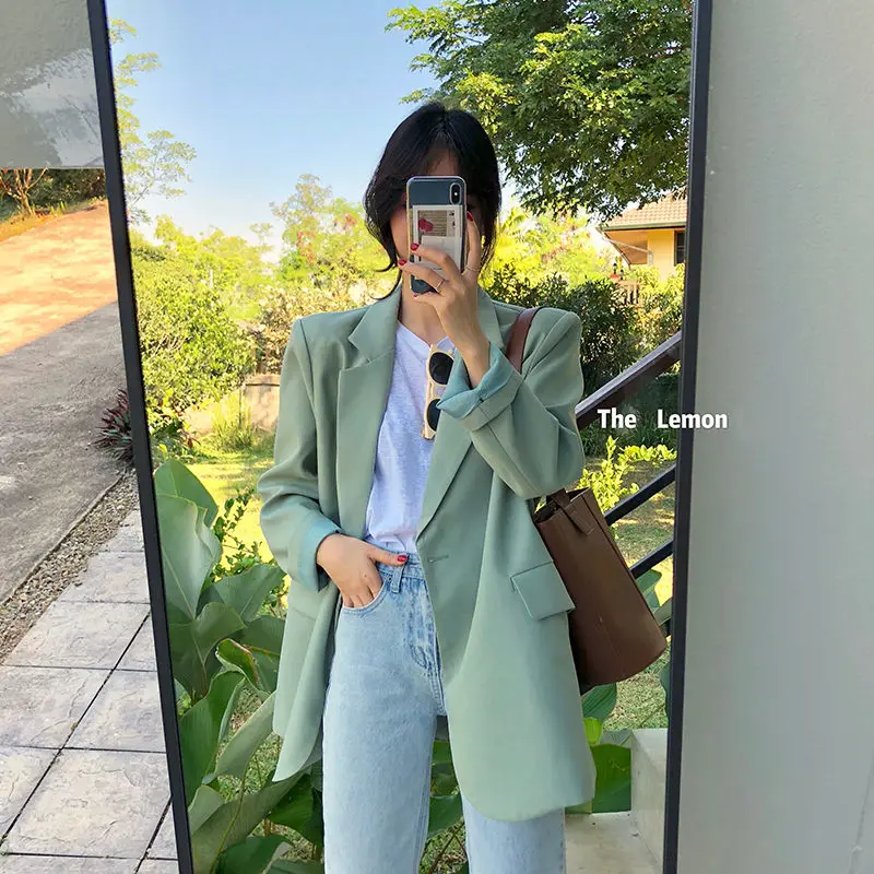 

Fashion Casual Double Breasted Blazers Coat Vintage Notched Long Sleeve Female Outerwear Chic Tops Green