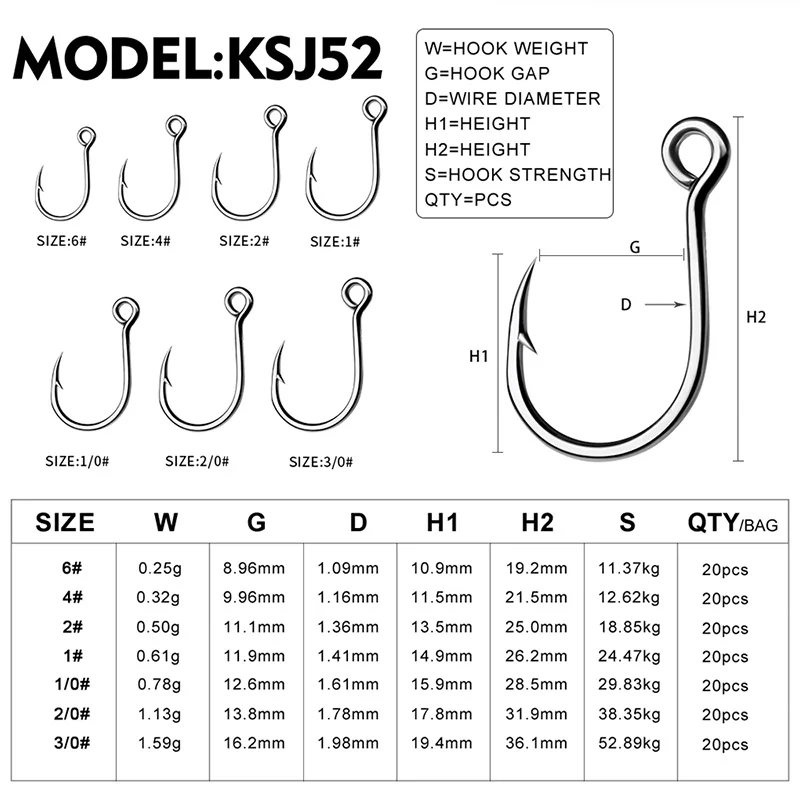 KATYUSHA 20pcs Big Eye Single Hooks 6-4-2-1-1/0-2/0-3/0 High Carbon Steel Fishing Hooks Barbed Sharp Fishhooks for Lure Pesca